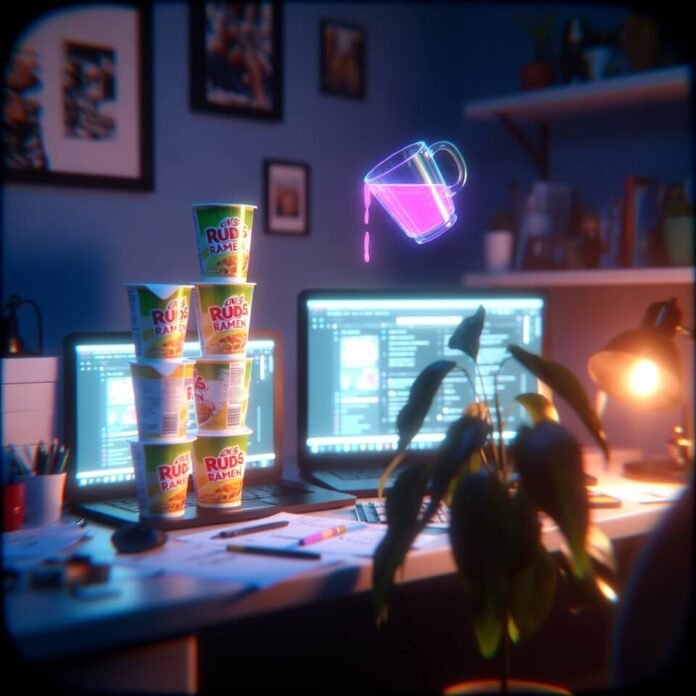 Cluttered late-night desk with ramen tower and leaking holographic mug.