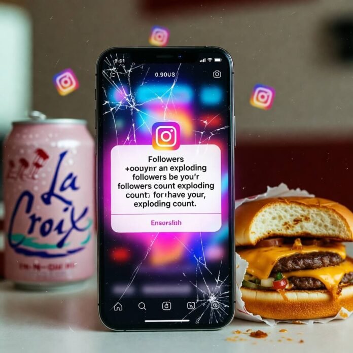 Cracked phone with exploding follower count, greasy burger, and LaCroix can