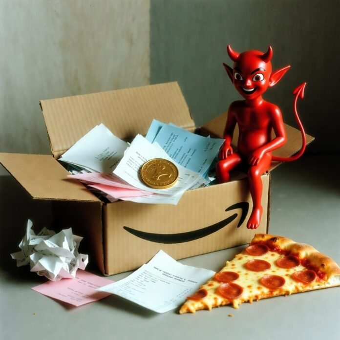 Open Amazon box with receipts, pizza, gold coin, tiny devil