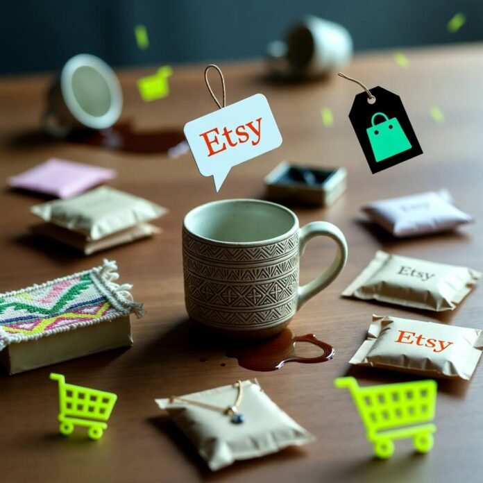 Chaotic Etsy unboxing table with spilled coffee and floating tags.