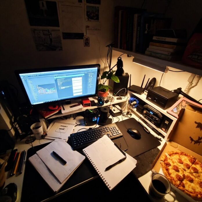 Cluttered gaming desk with pizza and caffeine chaos