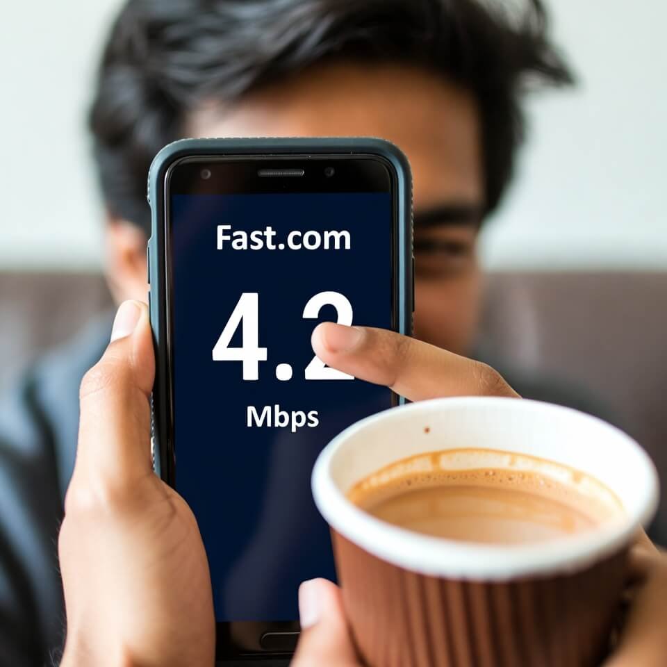 Rage-testing Fast.com: 4.2 Mbps with chai in hand
