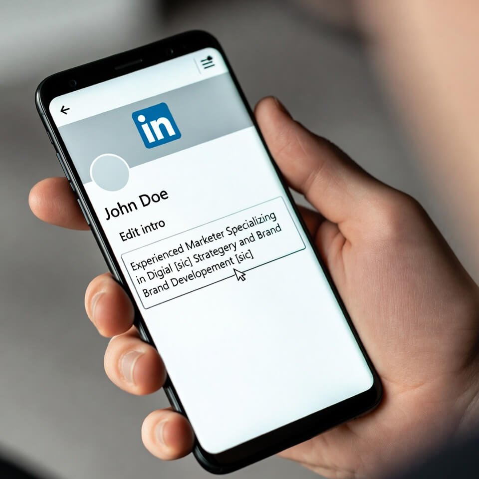 LinkedIn profile headline mid-edit showing typos on phone screen