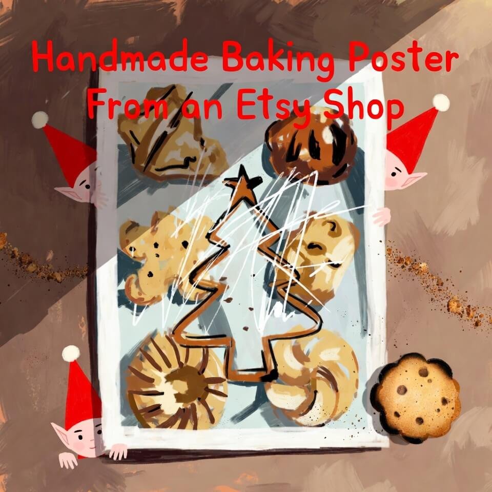 Scratch-off baking poster with burnt tree cookie and sneaky elves.