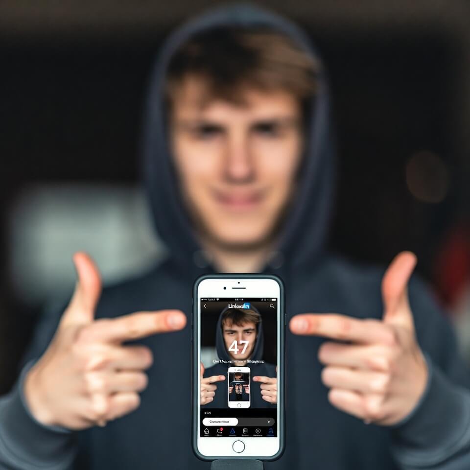 Blurry 2 a.m. hoodie selfie with awkward finger-guns and 47 unread LinkedIn messages