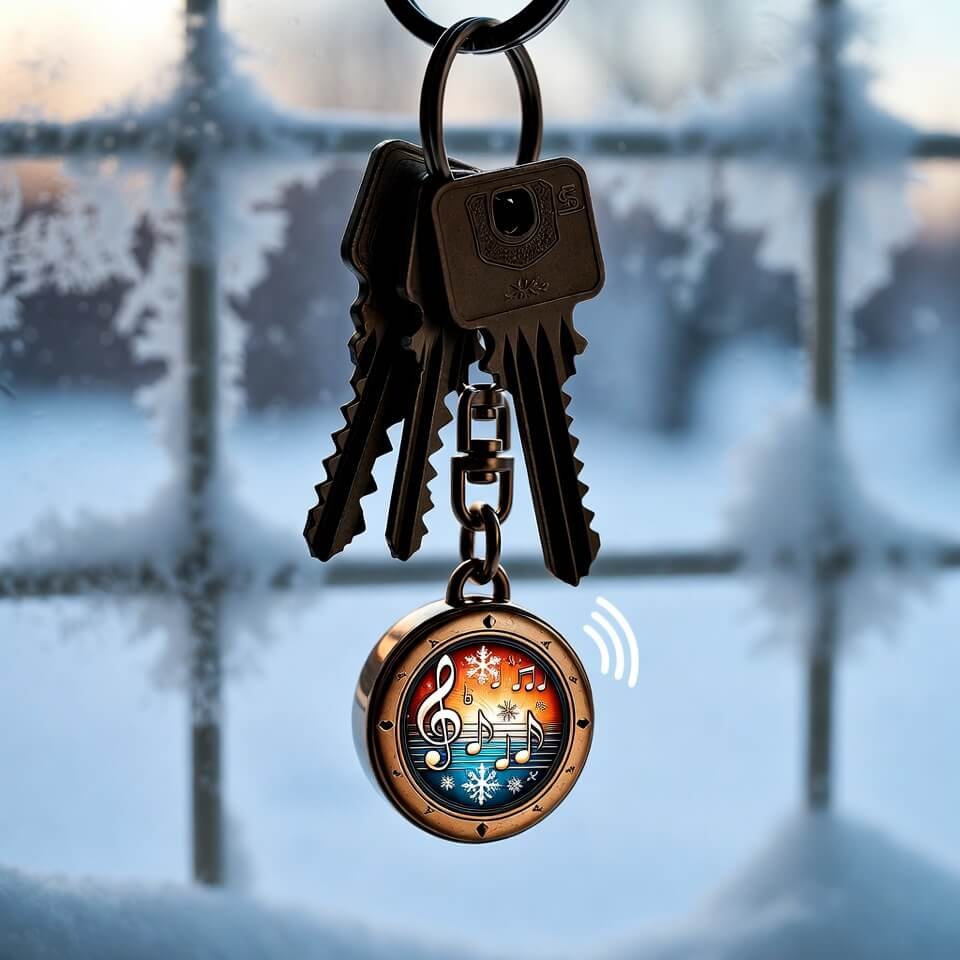NFC music keychain glowing against snowy window, bittersweet vibes.