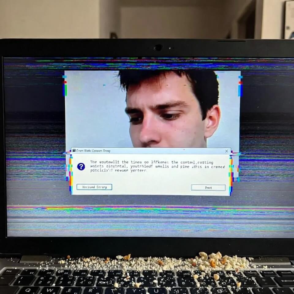 Defeated face in glitched laptop error popup