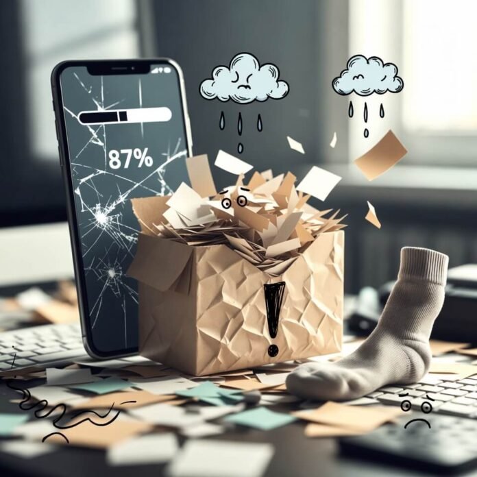 Overflowing inbox exploding into chaotic PDFs and frustration clouds