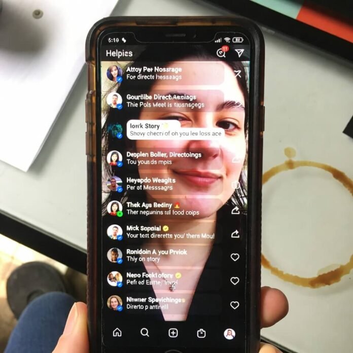 Cluttered phone screen with overlapping DMs and stories