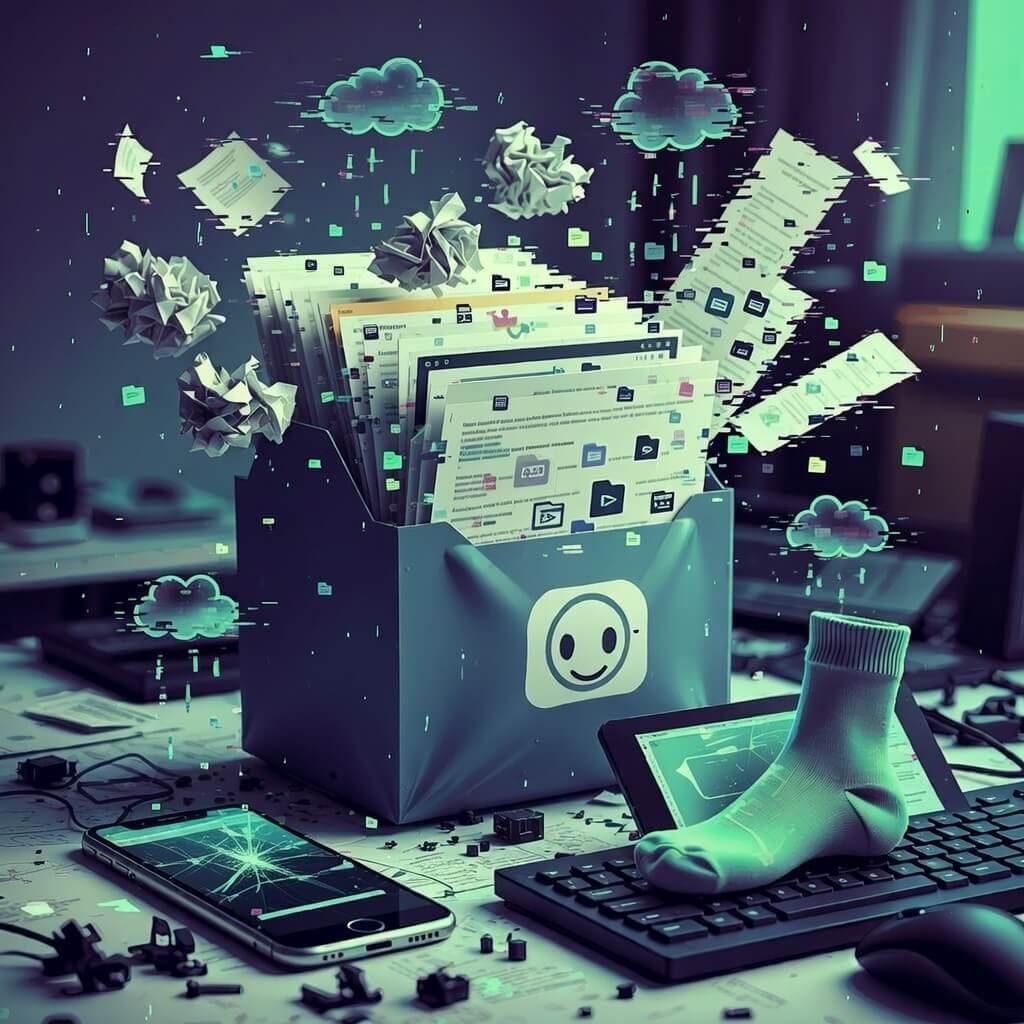 Digital files swirling from paper mess to neon icons in cyberpunk style