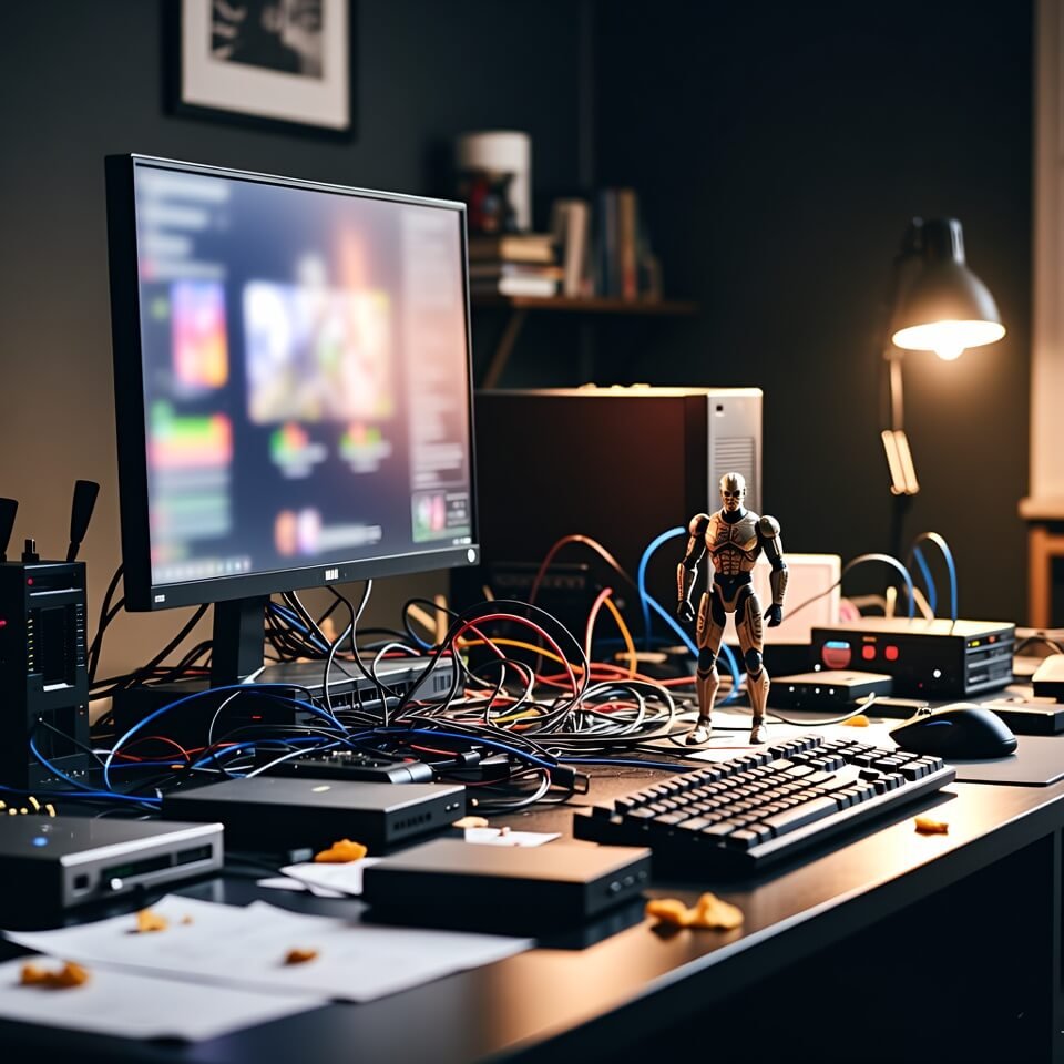 Cluttered streaming desk with tangled cables and sad action figure
