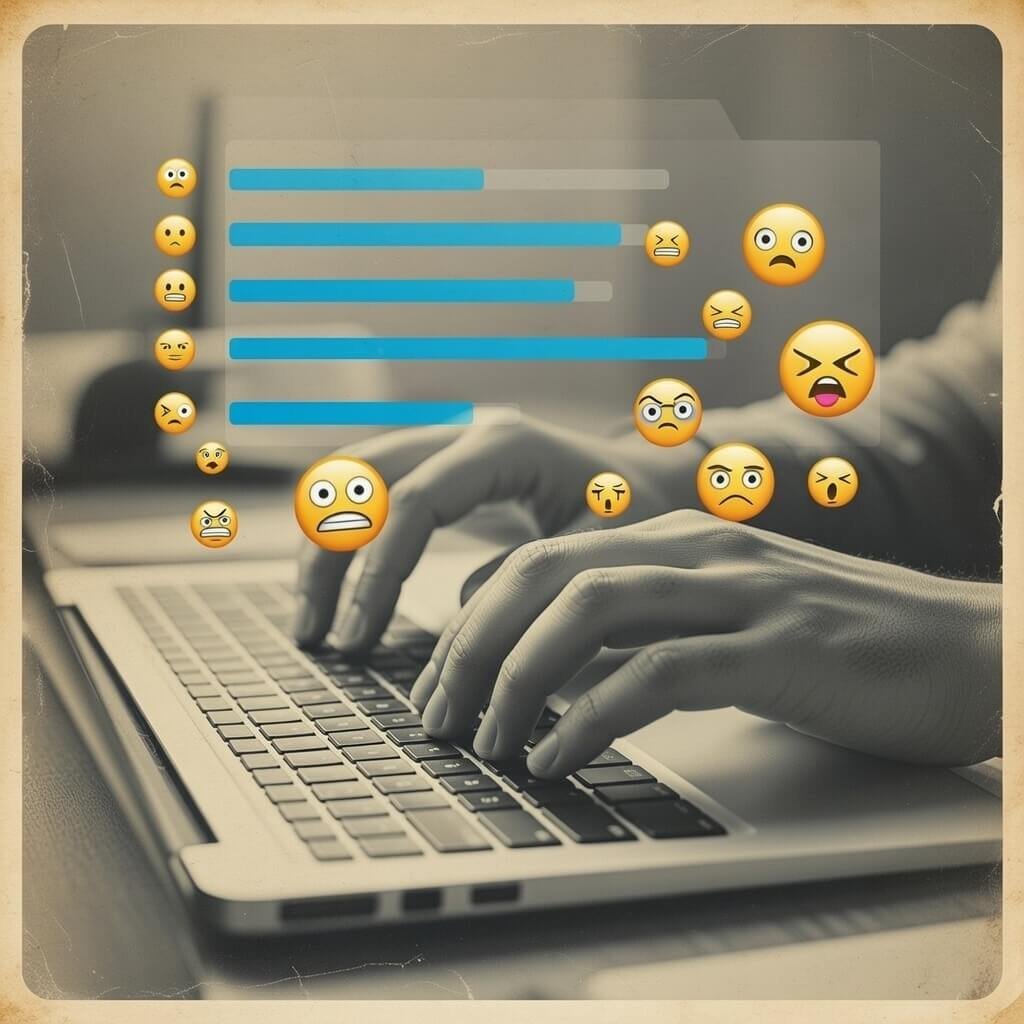 Hands typing mid-PDF conversion with floating frustrated emojis, vintage sepia tone