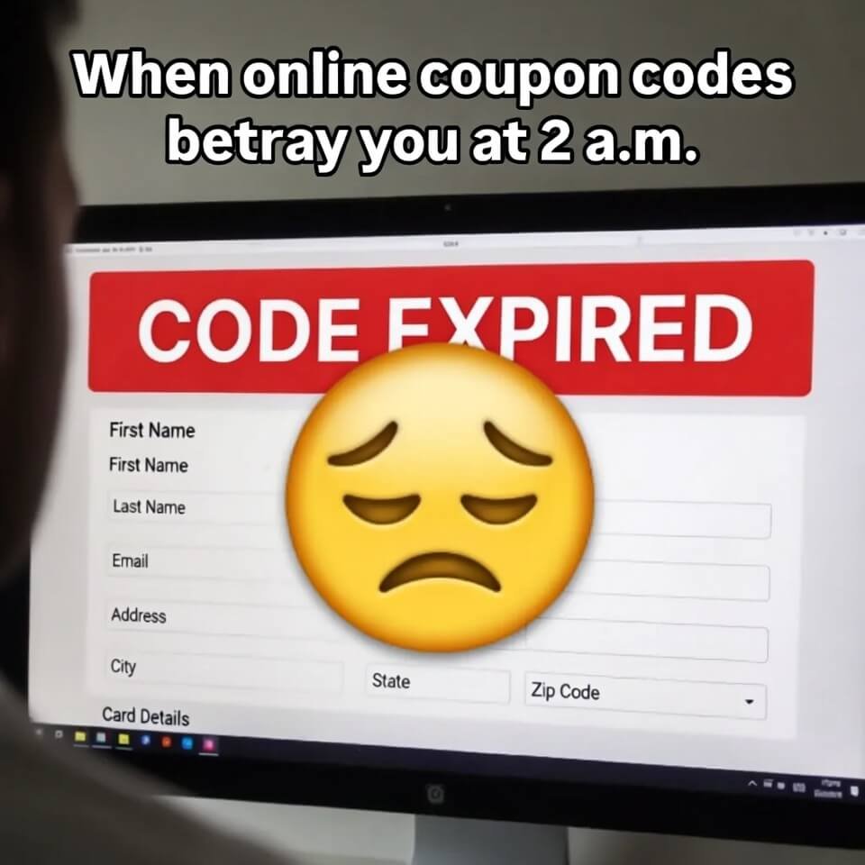 Sad face over "CODE EXPIRED" checkout error at 2 a.m.