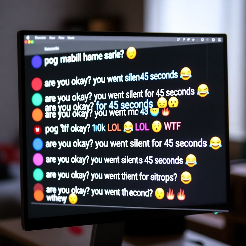 Blurry monitor showing chaotic Twitch chat with "pog" emotes