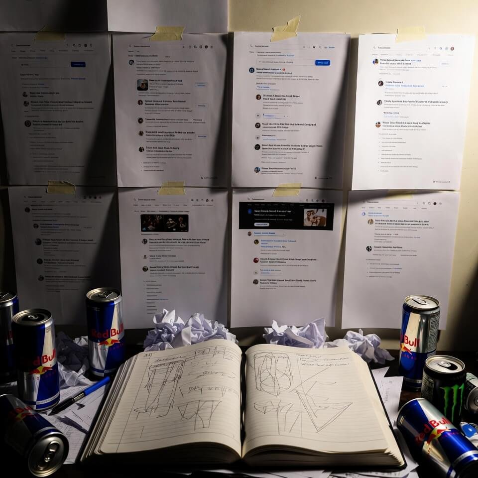 Messy wall of taped search pages and energy drink cans