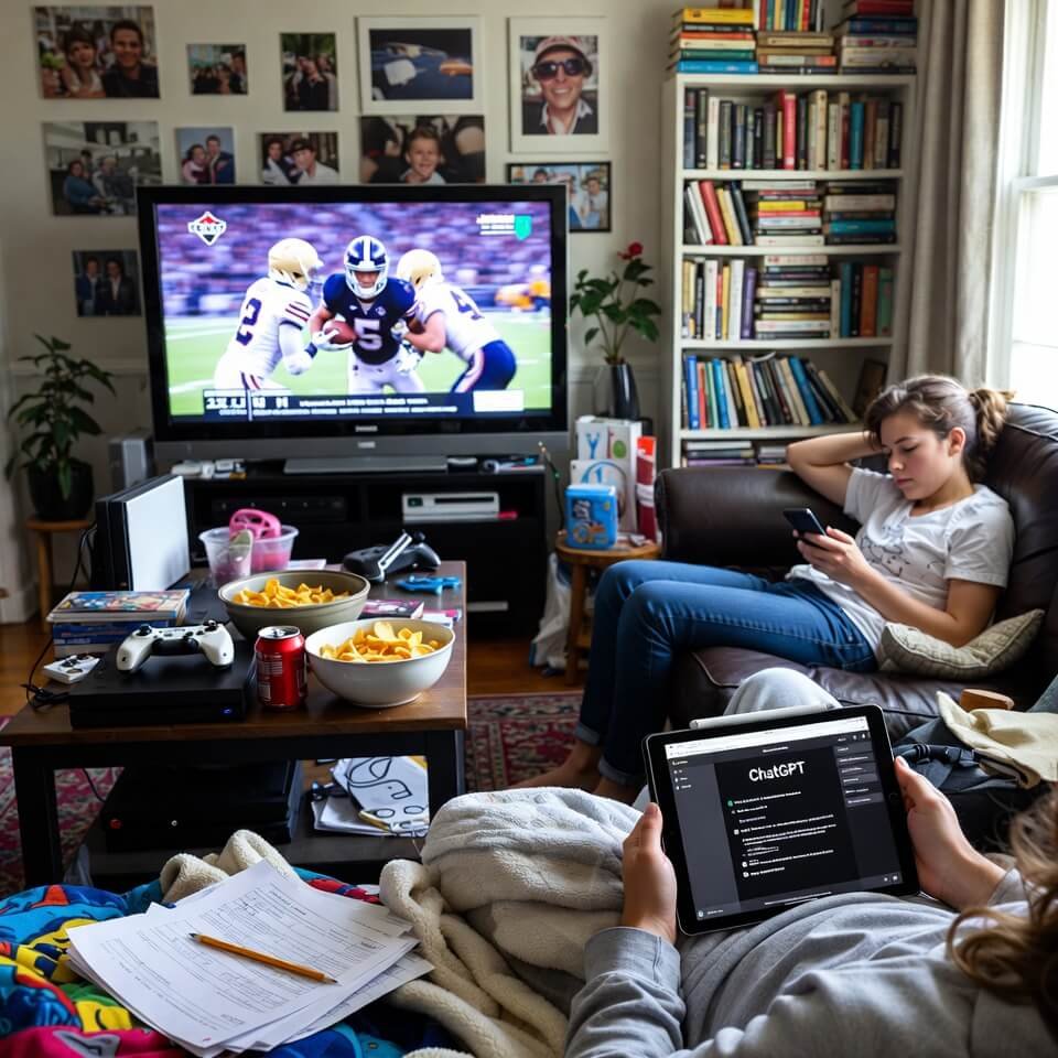 Messy living room with iPad D&D plot and Super Bowl TV