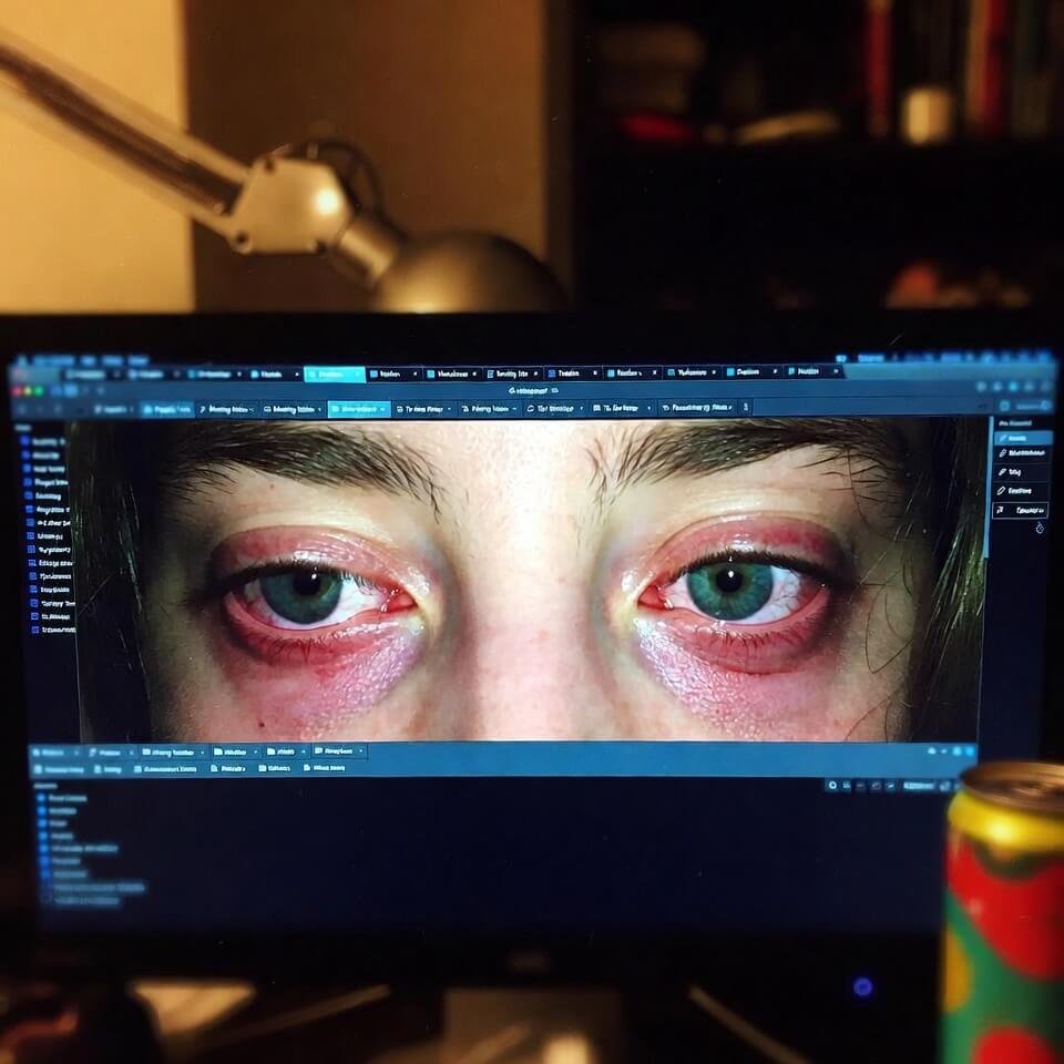 Bloodshot eyes reflected in chaotic Notion tabs at 2:37 AM.