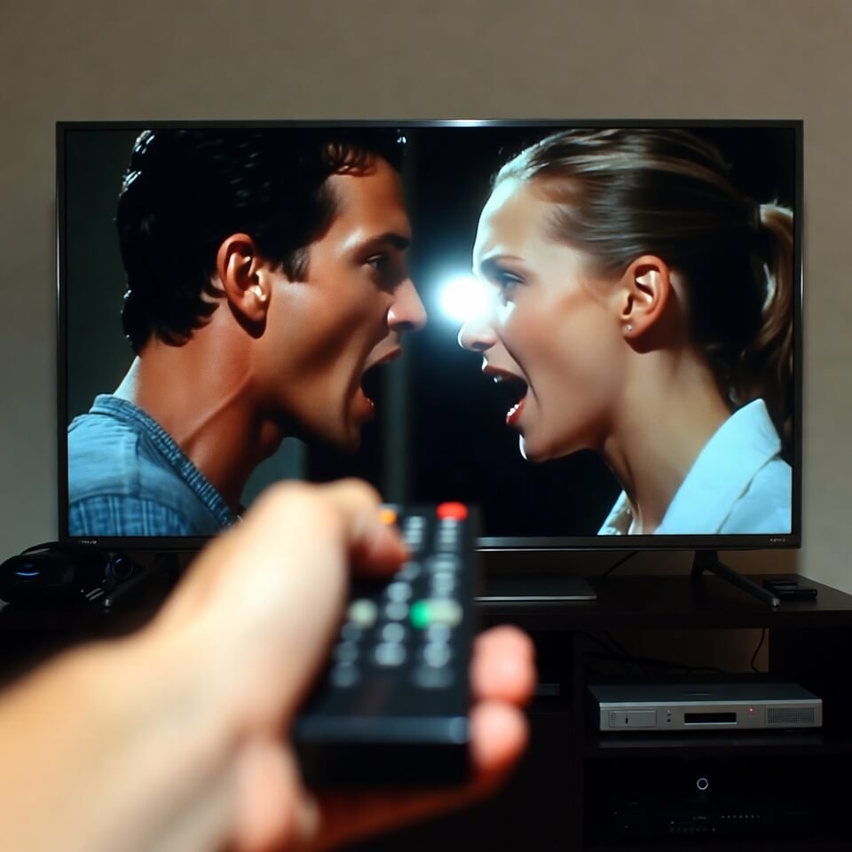 Blurry hand holding remote, intense TV stare-down scene.