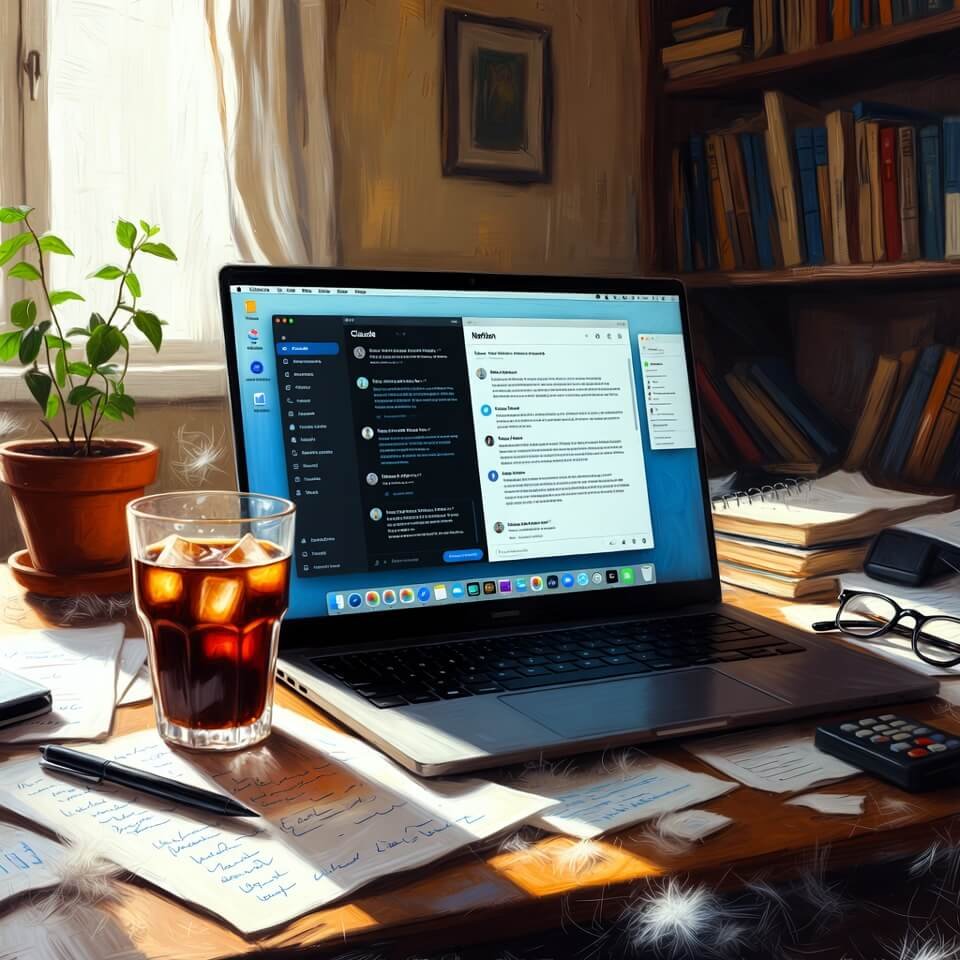 Cluttered laptop desk with Claude, Notion, and iced coffee