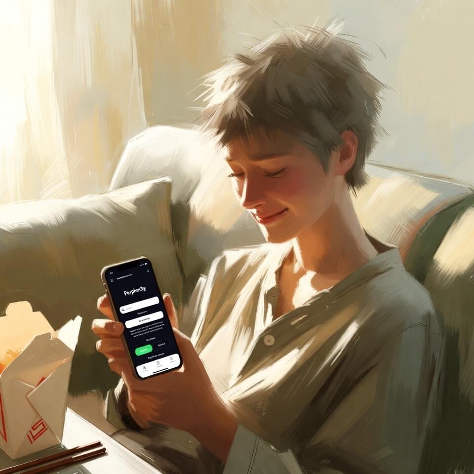 Relaxed person on couch smiling at early finish on phone