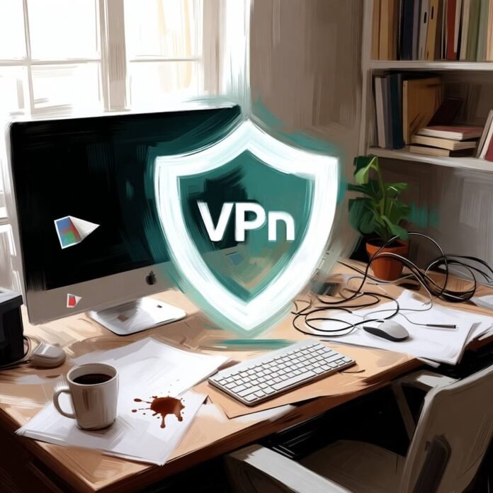 Messy desk with glowing VPN shield and coffee stain.