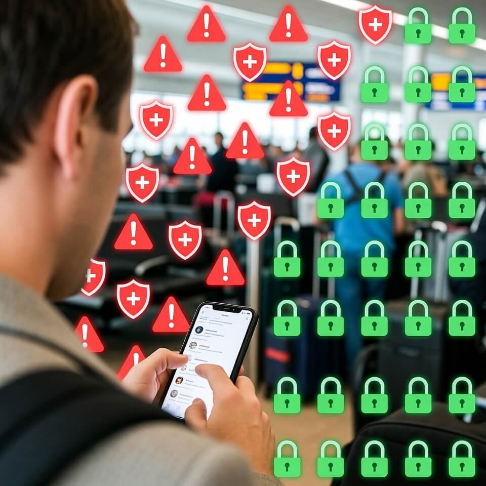 Over-shoulder view at airport, red warnings turning green padlocks.