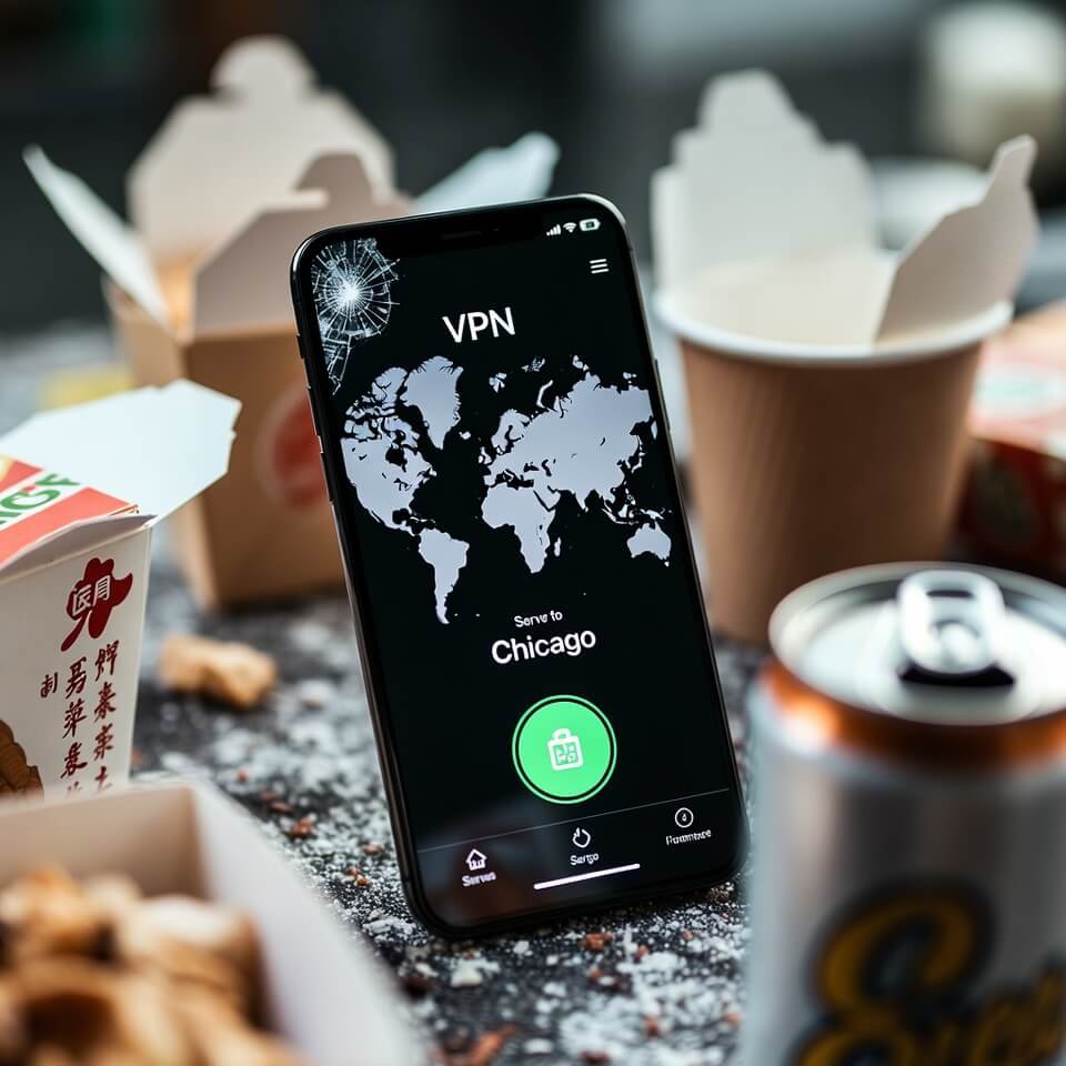 Cracked phone showing Chicago VPN connection amid takeout mess.