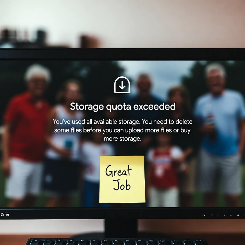 Google Drive quota error over blurry family photo with sarcastic note