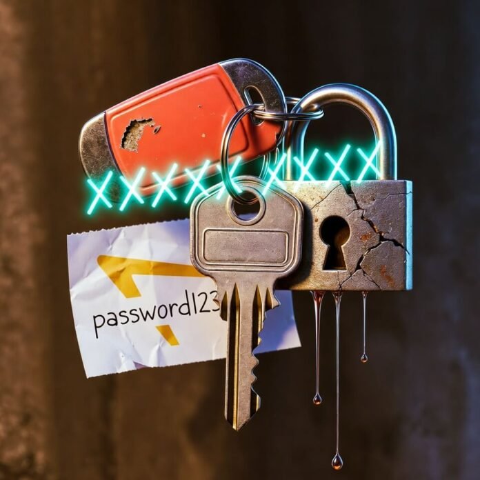 Motel key tangled in neon passwords, cracked lock leaking