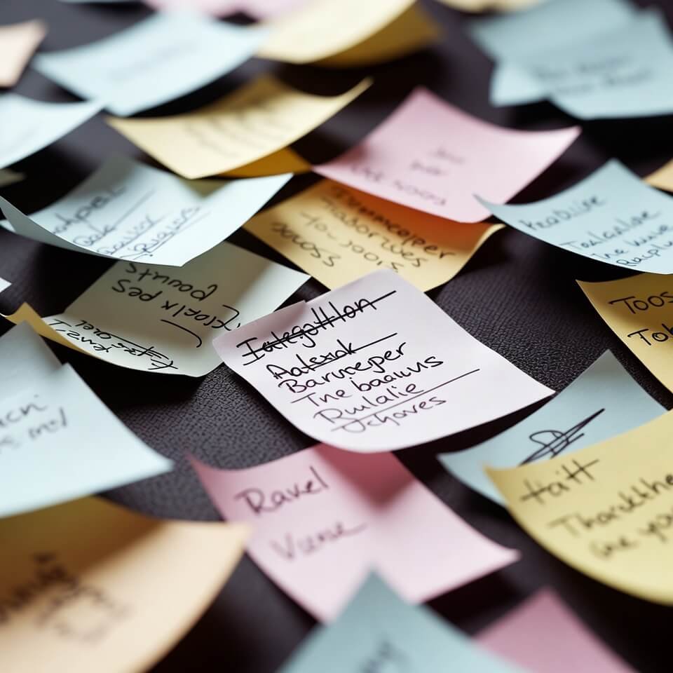 Mousepad buried under crossed-out sticky notes from low angle.