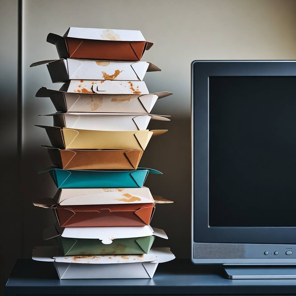 Tall stack of greasy takeout boxes beside dark TV.