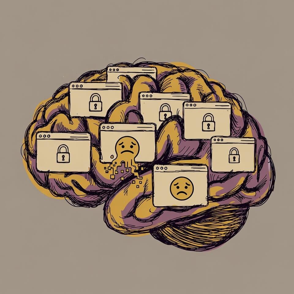 Overloaded cartoon brain drowning in locked browser tabs