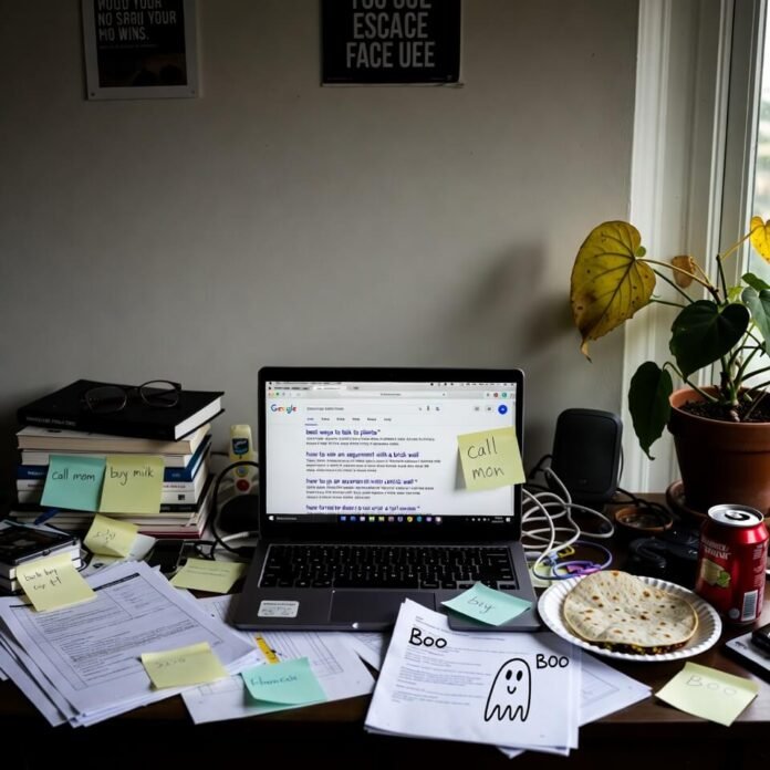 Chaotic desk with Google search, sticky notes, half-eaten taco, ghost doodle
