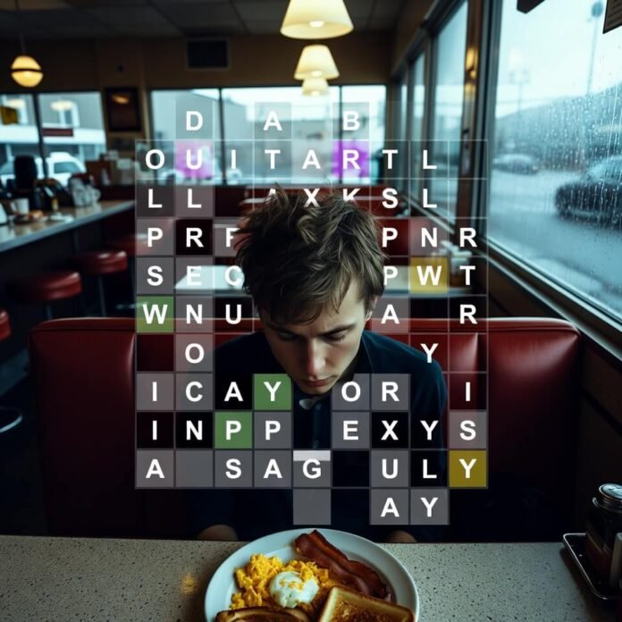 Blurry Wordle grid in rainy diner booth