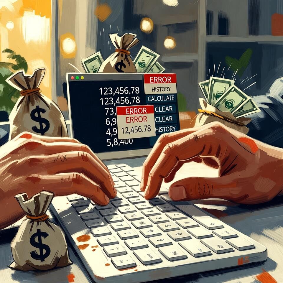 Hands typing on financial calculator with error pop-ups and bursting money bags