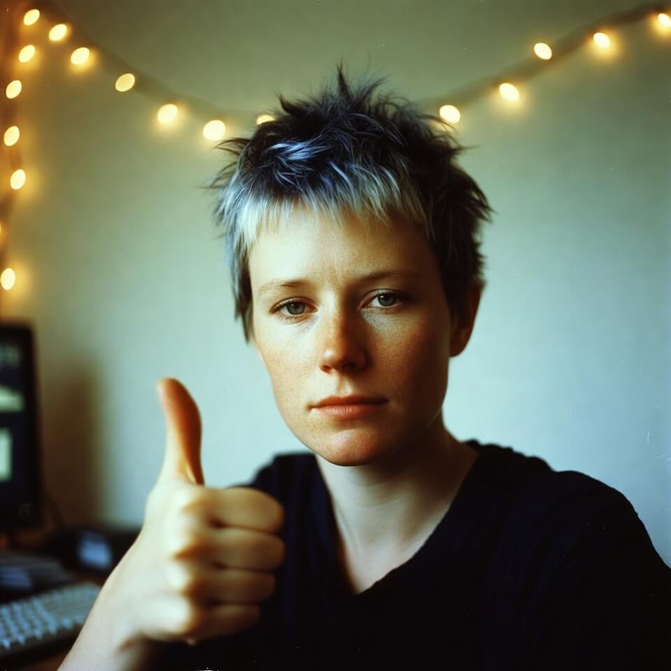 Grainy selfie, dead-inside expression, thumbs-up, fairy lights background