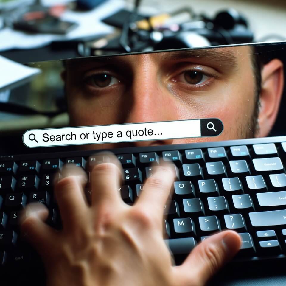 Close-up hand typing quotes, tired eyes reflected in screen