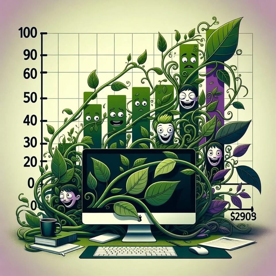 Investment growth chart turning into chaotic vine with quirky leaf faces