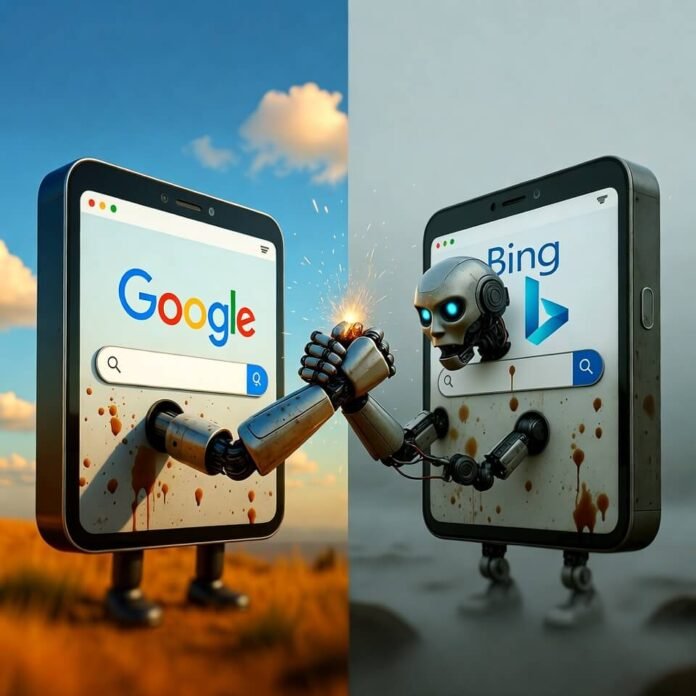 Bing vs Google AI robot duel with coffee stains