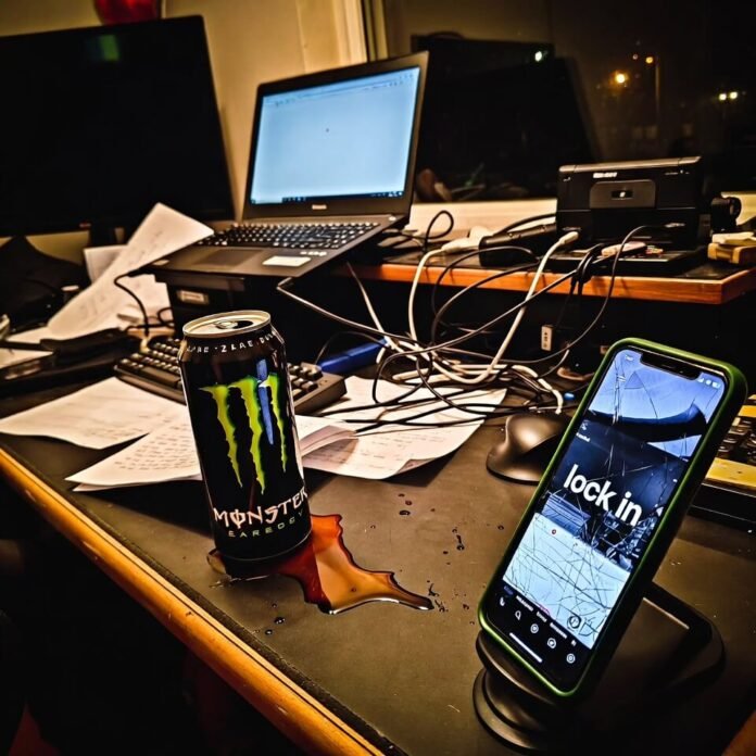 Spilled Monster energy drink on messy desk at 2 a.m.