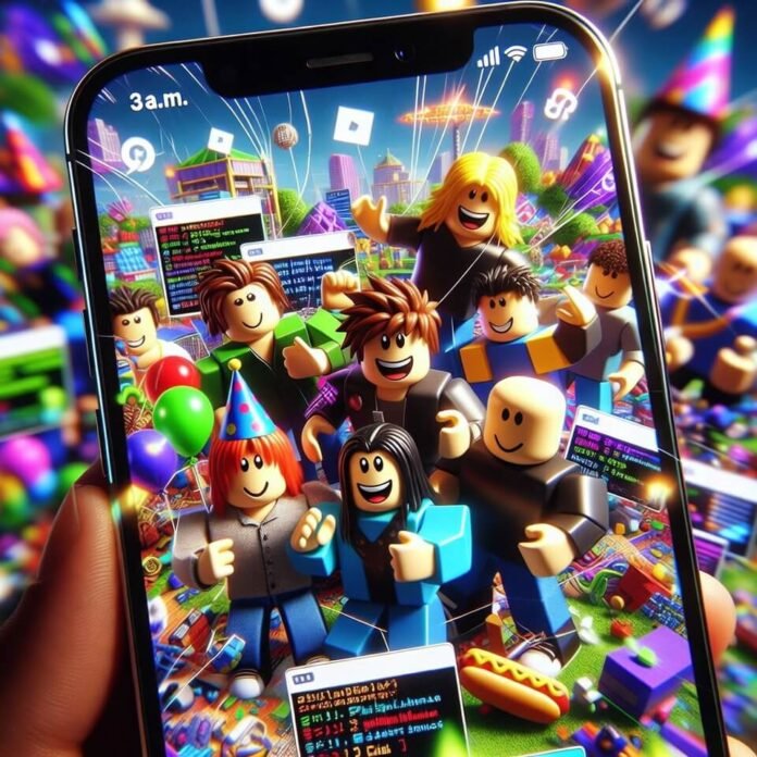 Messy Roblox avatar party pile-up at 3 a.m