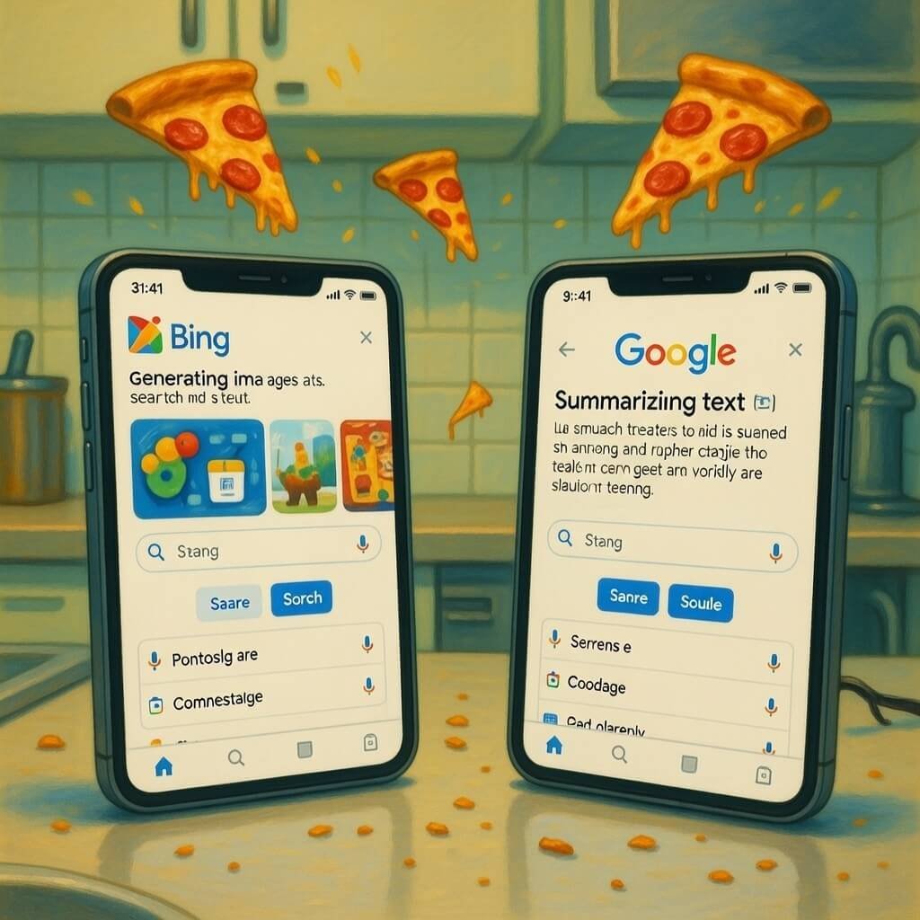 Kitchen phones showing Bing images and Google summary with floating pizza