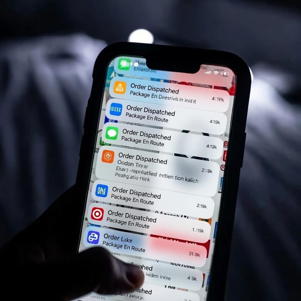 Tilted notification shade exploding with Walmart and Target delivery alerts