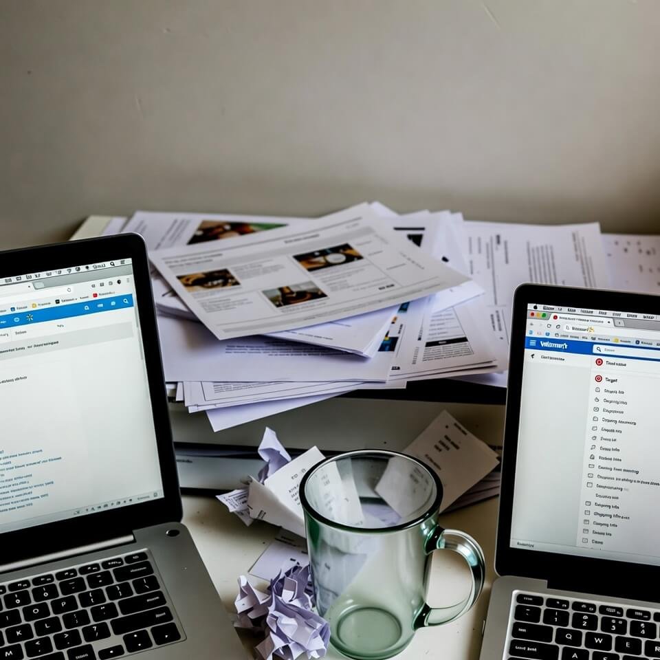 Crooked overhead view of messy desk with Walmart/Target tabs and chai